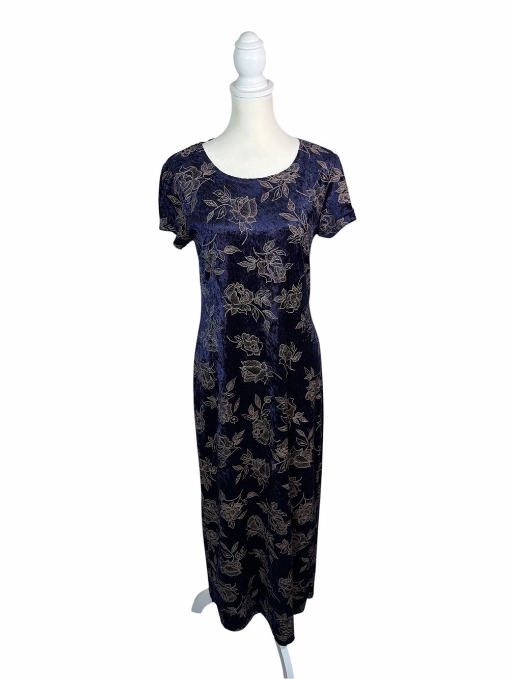 Vintage 90s DBY Navy Velvet Maxi Dress Size 9/10 Gold Floral Evening Grunge